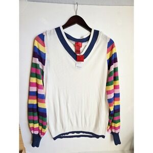 V Cristina Semi-Sheer Acrylic V-Neck Knit Pullover Long Rainbow Stripe Sleeves M